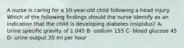 A nurse is caring for a 10-year-old child following a head injury. Which of the following findings should the nurse identify as an indication that the child is developing diabetes insipidus? A- Urine specific gravity of 1.045 B- sodium 155 C- blood glucose 45 D- urine output 35 ml per hour