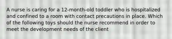 A nurse is caring for a 12-month-old toddler who is hospitalized and confined to a room with contact precautions in place. Which of the following toys should the nurse recommend in order to meet the development needs of the client