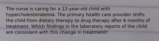 The nurse is caring for a 12-year-old child with hypercholesterolemia. The primary health care provider shifts the child from dietary therapy to drug therapy after 6 months of treatment. Which findings in the laboratory reports of the child are consistent with this change in treatment?