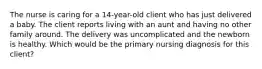 The nurse is caring for a 14-year-old client who has just delivered a baby. The client reports living with an aunt and having no other family around. The delivery was uncomplicated and the newborn is healthy. Which would be the primary nursing diagnosis for this client?