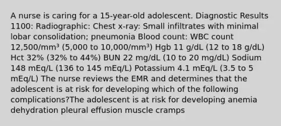 A nurse is caring for a 15-year-old adolescent. Diagnostic Results 1100: Radiographic: Chest x-ray: Small infiltrates with minimal lobar consolidation; pneumonia Blood count: WBC count 12,500/mm³ (5,000 to 10,000/mm³) Hgb 11 g/dL (12 to 18 g/dL) Hct 32% (32% to 44%) BUN 22 mg/dL (10 to 20 mg/dL) Sodium 148 mEq/L (136 to 145 mEq/L) Potassium 4.1 mEq/L (3.5 to 5 mEq/L) The nurse reviews the EMR and determines that the adolescent is at risk for developing which of the following complications?The adolescent is at risk for developing anemia dehydration pleural effusion muscle cramps