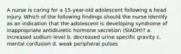 A nurse is caring for a 15-year-old adolescent following a head injury. Which of the following findings should the nurse identify as an indication that the adolescent is developing syndrome of inappropriate antidiuretic hormone secretion (SIADH)? a. increased sodium level b. decreased urine specific gravity c. mental confusion d. weak peripheral pulses