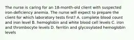 The nurse is caring for an 18-month-old client with suspected iron-deficiency anemia. The nurse will expect to prepare the client for which laboratory tests first? A. complete blood count and iron level B. hemoglobin and white blood cell levels C. iron and thrombocyte levels D. ferritin and glycosylated hemoglobin levels