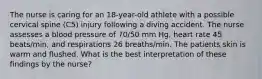 The nurse is caring for an 18-year-old athlete with a possible cervical spine (C5) injury following a diving accident. The nurse assesses a blood pressure of 70/50 mm Hg, heart rate 45 beats/min, and respirations 26 breaths/min. The patients skin is warm and flushed. What is the best interpretation of these findings by the nurse?