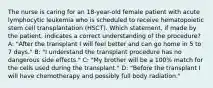 The nurse is caring for an 18-year-old female patient with acute lymphocytic leukemia who is scheduled to receive hematopoietic stem cell transplantation (HSCT). Which statement, if made by the patient, indicates a correct understanding of the procedure? A: "After the transplant I will feel better and can go home in 5 to 7 days." B: "I understand the transplant procedure has no dangerous side effects." C: "My brother will be a 100% match for the cells used during the transplant." D: "Before the transplant I will have chemotherapy and possibly full body radiation."