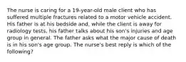 The nurse is caring for a 19-year-old male client who has suffered multiple fractures related to a motor vehicle accident. His father is at his bedside and, while the client is away for radiology tests, his father talks about his son's injuries and age group in general. The father asks what the major cause of death is in his son's age group. The nurse's best reply is which of the following?