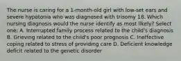 The nurse is caring for a 1-month-old girl with low-set ears and severe hypotonia who was diagnosed with trisomy 18. Which nursing diagnosis would the nurse identify as most likely? Select one: A. Interrupted family process related to the child's diagnosis B. Grieving related to the child's poor prognosis C. Ineffective coping related to stress of providing care D. Deficient knowledge deficit related to the genetic disorder