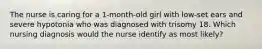 The nurse is caring for a 1-month-old girl with low-set ears and severe hypotonia who was diagnosed with trisomy 18. Which nursing diagnosis would the nurse identify as most likely?