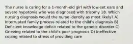 The nurse is caring for a 1-month-old girl with low-set ears and severe hypotonia who was diagnosed with trisomy 18. Which nursing diagnosis would the nurse identify as most likely? A) Interrupted family process related to the child's diagnosis B) Deficient knowledge deficit related to the genetic disorder C) Grieving related to the child's poor prognosis D) Ineffective coping related to stress of providing care