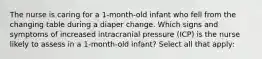 The nurse is caring for a 1-month-old infant who fell from the changing table during a diaper change. Which signs and symptoms of increased intracranial pressure (ICP) is the nurse likely to assess in a 1-month-old infant? Select all that apply: