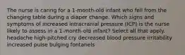 The nurse is caring for a 1-month-old infant who fell from the changing table during a diaper change. Which signs and symptoms of increased intracranial pressure (ICP) is the nurse likely to assess in a 1-month-old infant? Select all that apply. headache high-pitched cry decreased blood pressure irritability increased pulse bulging fontanels