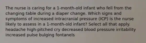 The nurse is caring for a 1-month-old infant who fell from the changing table during a diaper change. Which signs and symptoms of increased intracranial pressure (ICP) is the nurse likely to assess in a 1-month-old infant? Select all that apply. headache high-pitched cry decreased blood pressure irritability increased pulse bulging fontanels