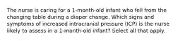 The nurse is caring for a 1-month-old infant who fell from the changing table during a diaper change. Which signs and symptoms of increased intracranial pressure (ICP) is the nurse likely to assess in a 1-month-old infant? Select all that apply.