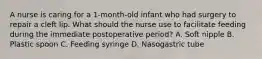 A nurse is caring for a 1-month-old infant who had surgery to repair a cleft lip. What should the nurse use to facilitate feeding during the immediate postoperative period? A. Soft nipple B. Plastic spoon C. Feeding syringe D. Nasogastric tube