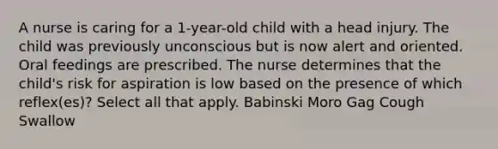 A nurse is caring for a 1-year-old child with a head injury. The child was previously unconscious but is now alert and oriented. Oral feedings are prescribed. The nurse determines that the child's risk for aspiration is low based on the presence of which reflex(es)? Select all that apply. Babinski Moro Gag Cough Swallow