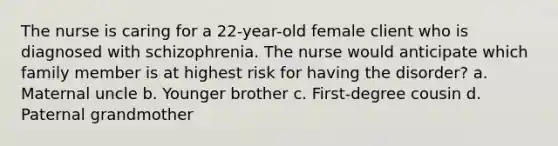 The nurse is caring for a 22-year-old female client who is diagnosed with schizophrenia. The nurse would anticipate which family member is at highest risk for having the disorder? a. Maternal uncle b. Younger brother c. First-degree cousin d. Paternal grandmother