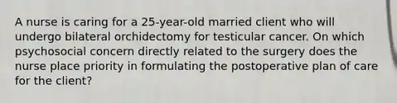 A nurse is caring for a 25-year-old married client who will undergo bilateral orchidectomy for testicular cancer. On which psychosocial concern directly related to the surgery does the nurse place priority in formulating the postoperative plan of care for the client?