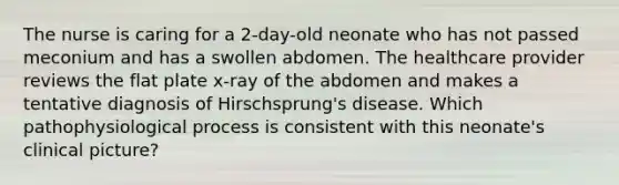 The nurse is caring for a 2-day-old neonate who has not passed meconium and has a swollen abdomen. The healthcare provider reviews the flat plate x-ray of the abdomen and makes a tentative diagnosis of Hirschsprung's disease. Which pathophysiological process is consistent with this neonate's clinical picture?