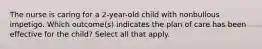 The nurse is caring for a 2-year-old child with nonbullous impetigo. Which outcome(s) indicates the plan of care has been effective for the child? Select all that apply.