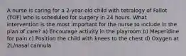 A nurse is caring for a 2-year-old child with tetralogy of Fallot (TOF) who is scheduled for surgery in 24 hours. What intervention is the most important for the nurse to include in the plan of care? a) Encourage activity in the playroom b) Meperidine for pain c) Position the child with knees to the chest d) Oxygen at 2L/nasal cannula