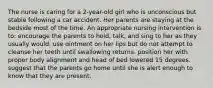 The nurse is caring for a 2-year-old girl who is unconscious but stable following a car accident. Her parents are staying at the bedside most of the time. An appropriate nursing intervention is to: encourage the parents to hold, talk, and sing to her as they usually would. use ointment on her lips but do not attempt to cleanse her teeth until swallowing returns. position her with proper body alignment and head of bed lowered 15 degrees. suggest that the parents go home until she is alert enough to know that they are present.