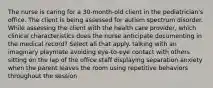 The nurse is caring for a 30-month-old client in the pediatrician's office. The client is being assessed for autism spectrum disorder. While assessing the client with the health care provider, which clinical characteristics does the nurse anticipate documenting in the medical record? Select all that apply. talking with an imaginary playmate avoiding eye-to-eye contact with others sitting on the lap of the office staff displaying separation anxiety when the parent leaves the room using repetitive behaviors throughout the session