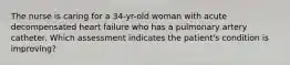 The nurse is caring for a 34-yr-old woman with acute decompensated heart failure who has a pulmonary artery catheter. Which assessment indicates the patient's condition is improving?
