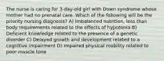 The nurse is caring for 3-day-old girl with Down syndrome whose mother had no prenatal care. Which of the following will be the priority nursing diagnosis? A) Imbalanced nutrition, less than body requirements related to the effects of hypotonia B) Deficient knowledge related to the presence of a genetic disorder C) Delayed growth and development related to a cognitive impairment D) Impaired physical mobility related to poor muscle tone