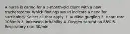 A nurse is caring for a 3-month-old client with a new tracheostomy. Which findings would indicate a need for suctioning? Select all that apply. 1. Audible gurgling 2. Heart rate 105/min 3. Increased irritability 4. Oxygen saturation 88% 5. Respiratory rate 30/min