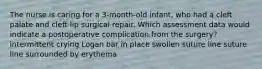 The nurse is caring for a 3-month-old infant, who had a cleft palate and cleft lip surgical repair. Which assessment data would indicate a postoperative complication from the surgery? intermittent crying Logan bar in place swollen suture line suture line surrounded by erythema