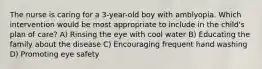 The nurse is caring for a 3-year-old boy with amblyopia. Which intervention would be most appropriate to include in the child's plan of care? A) Rinsing the eye with cool water B) Educating the family about the disease C) Encouraging frequent hand washing D) Promoting eye safety