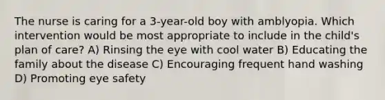 The nurse is caring for a 3-year-old boy with amblyopia. Which intervention would be most appropriate to include in the child's plan of care? A) Rinsing the eye with cool water B) Educating the family about the disease C) Encouraging frequent hand washing D) Promoting eye safety