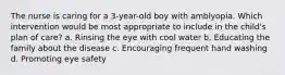 The nurse is caring for a 3-year-old boy with amblyopia. Which intervention would be most appropriate to include in the child's plan of care? a. Rinsing the eye with cool water b. Educating the family about the disease c. Encouraging frequent hand washing d. Promoting eye safety