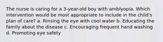 The nurse is caring for a 3-year-old boy with amblyopia. Which intervention would be most appropriate to include in the child's plan of care? a. Rinsing the eye with cool water b. Educating the family about the disease c. Encouraging frequent hand washing d. Promoting eye safety