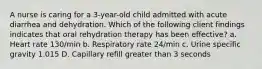 A nurse is caring for a 3-year-old child admitted with acute diarrhea and dehydration. Which of the following client findings indicates that oral rehydration therapy has been effective? a. Heart rate 130/min b. Respiratory rate 24/min c. Urine specific gravity 1.015 D. Capillary refill greater than 3 seconds