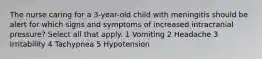 The nurse caring for a 3-year-old child with meningitis should be alert for which signs and symptoms of increased intracranial pressure? Select all that apply. 1 Vomiting 2 Headache 3 Irritability 4 Tachypnea 5 Hypotension