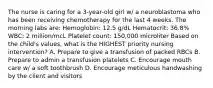 The nurse is caring for a 3-year-old girl w/ a neuroblastoma who has been receiving chemotherapy for the last 4 weeks. The morning labs are: Hemoglobin: 12.5 g/dL Hematocrit: 36.8% WBC: 2 million/mcL Platelet count: 150,000 microliter Based on the child's values, what is the HIGHEST priority nursing intervention? A. Prepare to give a transfusion of packed RBCs B. Prepare to admin a transfusion platelets C. Encourage mouth care w/ a soft toothbrush D. Encourage meticulous handwashing by the client and visitors