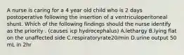 A nurse is caring for a 4 year old child who is 2 days postoperative following the insertion of a ventriculoperitoneal shunt. Which of the following findings should the nurse identify as the priority . (causes icp hydrocephalus) A.lethargy B.lying flat on the unaffected side C.respiratoryrate20/min D.urine output 50 mL in 2hr