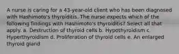 A nurse is caring for a 43-year-old client who has been diagnosed with Hashimoto's thyroiditis. The nurse expects which of the following findings with Hashimoto's thyroiditis? Select all that apply. a. Destruction of thyroid cells b. Hypothyroidism c. Hyperthyroidism d. Proliferation of thyroid cells e. An enlarged thyroid gland