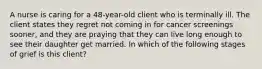 A nurse is caring for a 48-year-old client who is terminally ill. The client states they regret not coming in for cancer screenings sooner, and they are praying that they can live long enough to see their daughter get married. In which of the following stages of grief is this client?