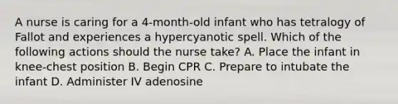 A nurse is caring for a 4-month-old infant who has tetralogy of Fallot and experiences a hypercyanotic spell. Which of the following actions should the nurse take? A. Place the infant in knee-chest position B. Begin CPR C. Prepare to intubate the infant D. Administer IV adenosine