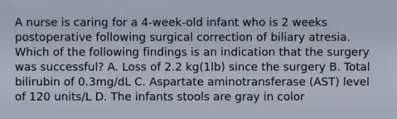 A nurse is caring for a 4-week-old infant who is 2 weeks postoperative following surgical correction of biliary atresia. Which of the following findings is an indication that the surgery was successful? A. Loss of 2.2 kg(1lb) since the surgery B. Total bilirubin of 0.3mg/dL C. Aspartate aminotransferase (AST) level of 120 units/L D. The infants stools are gray in color