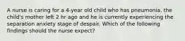 A nurse is caring for a 4-year old child who has pneumonia. the child's mother left 2 hr ago and he is currently experiencing the separation anxiety stage of despair. Which of the following findings should the nurse expect?