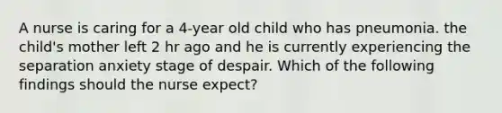 A nurse is caring for a 4-year old child who has pneumonia. the child's mother left 2 hr ago and he is currently experiencing the separation anxiety stage of despair. Which of the following findings should the nurse expect?