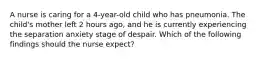 A nurse is caring for a 4-year-old child who has pneumonia. The child's mother left 2 hours ago, and he is currently experiencing the separation anxiety stage of despair. Which of the following findings should the nurse expect?