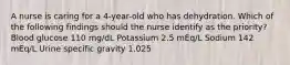 A nurse is caring for a 4-year-old who has dehydration. Which of the following findings should the nurse identify as the priority? Blood glucose 110 mg/dL Potassium 2.5 mEq/L Sodium 142 mEq/L Urine specific gravity 1.025