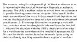 The nurse is caring for a 4-year-old girl of Mexican descent who is recovering in the hospital following a diagnosis of epileptic seizures. The child's mother insists on a visit from her curandera to provide healing powers to her daughter. What would be the best intervention of the nurse in this situation? A) Explain to the mother that hospital policy does not allow visits from unlicensed practitioners. B) Encourage the mother to arrange a visit with her curandera when her daughter is released from the hospital. C) Discuss the situation with the child's physician and arrange for a visit from the curandera at the hospital if appropriate. D) Distract the child's mother from her demands by focusing on child and family teaching related to her daughter's condition