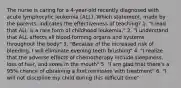 The nurse is caring for a 4-year-old recently diagnosed with acute lymphocytic leukemia (ALL). Which statement, made by the parents, indicates the effectiveness of teaching? 1. "I read that ALL is a rare form of childhood leukemia." 2. "I understand that ALL affects all blood-forming organs and systems throughout the body" 3. "Because of the increased risk of bleeding, I will eliminate evening teeth brushing" 4. "I realize that the adverse effects of chemotherapy include sleepiness, loss of hair, and sores in the mouth" 5. "I am glad that there's a 95% chance of obtaining a first remission with treatment" 6. "I will not discipline my child during this difficult time"