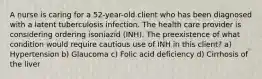 A nurse is caring for a 52-year-old client who has been diagnosed with a latent tuberculosis infection. The health care provider is considering ordering isoniazid (INH). The preexistence of what condition would require cautious use of INH in this client? a) Hypertension b) Glaucoma c) Folic acid deficiency d) Cirrhosis of the liver