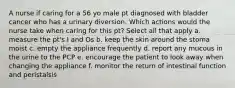 A nurse if caring for a 56 yo male pt diagnosed with bladder cancer who has a urinary diversion. Which actions would the nurse take when caring for this pt? Select all that apply a. measure the pt's I and Os b. keep the skin around the stoma moist c. empty the appliance frequently d. report any mucous in the urine to the PCP e. encourage the patient to look away when changing the appliance f. monitor the return of intestinal function and peristalsis